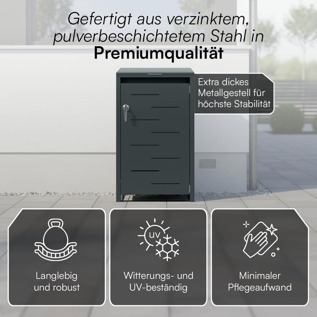 STEELSØN Diorus Mülltonnenbox 1er bis 240L abschließbar – Hochwertige Mülltonnenverkleidung 1 Tonne aus Stahl – Müllbox Müllcontainer Anthrazit - Mülltonnen Box wetterfest – Gerätebox mit Schloss