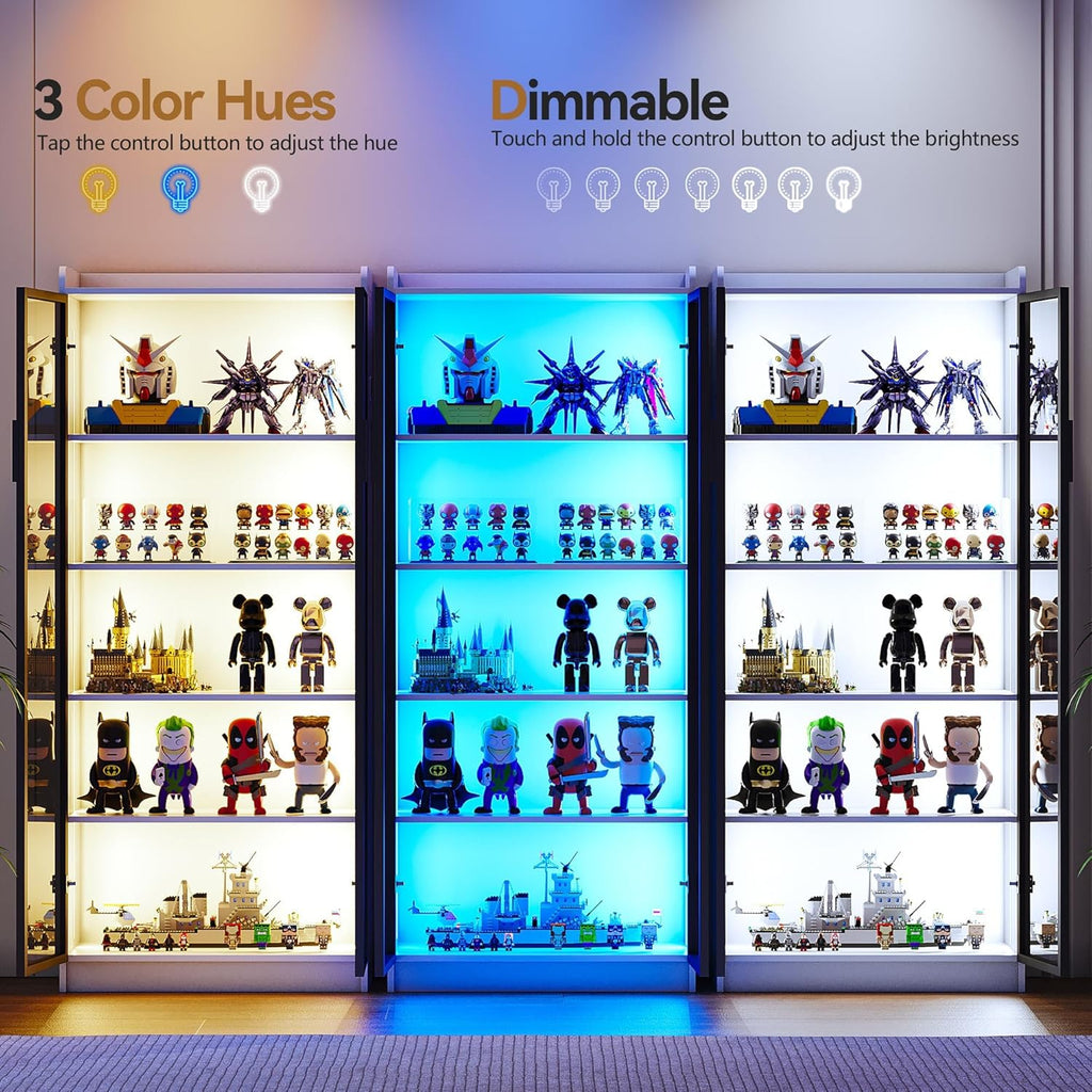 Gurexl Vitrine mit LED Beleuchtung und Intelligente Sensorik für Kuriositäten,Vitrinenschrank mit 5 Höhenverstellbaren Böden und Acryltür für Wohnzimmer,Persönliches Büro,Studie,Schätze,Weiß
