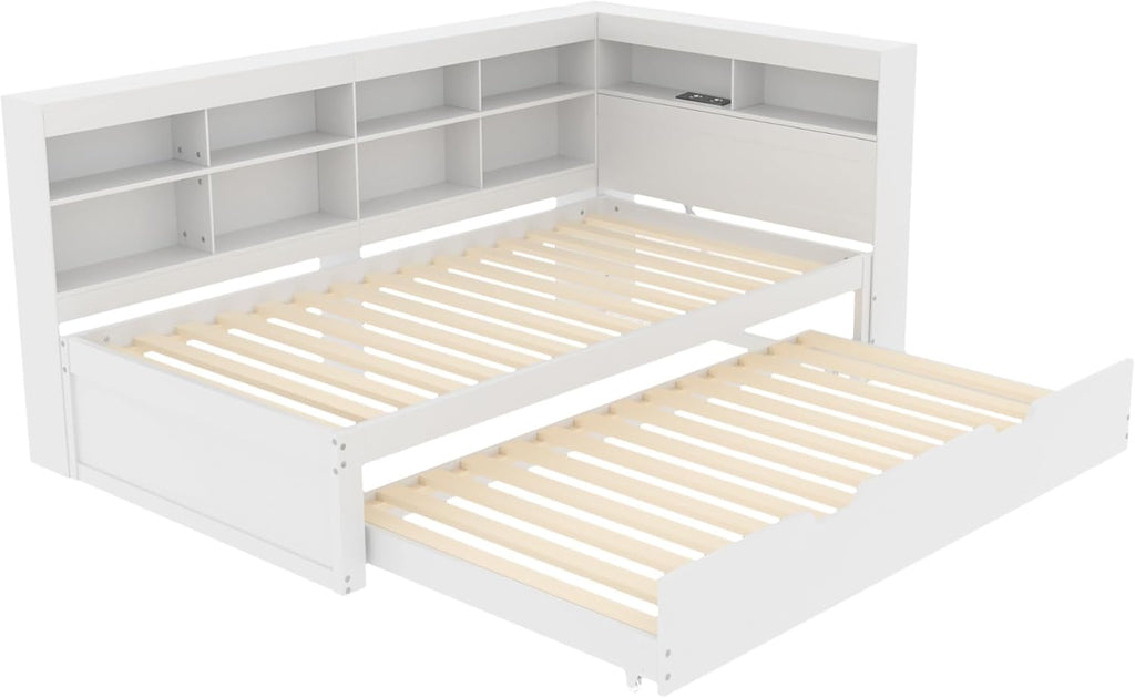 Plattformbett mit Ausziehbett 90x200cm(90x190cm), Ausziehbares Schlafsofa Tagesbett mit Bücherregal & USB Ladefunktion, Multifunktionsbett Gästebett Daybett Kinderbett Jugendbett, Ohne Matratze, Weiß