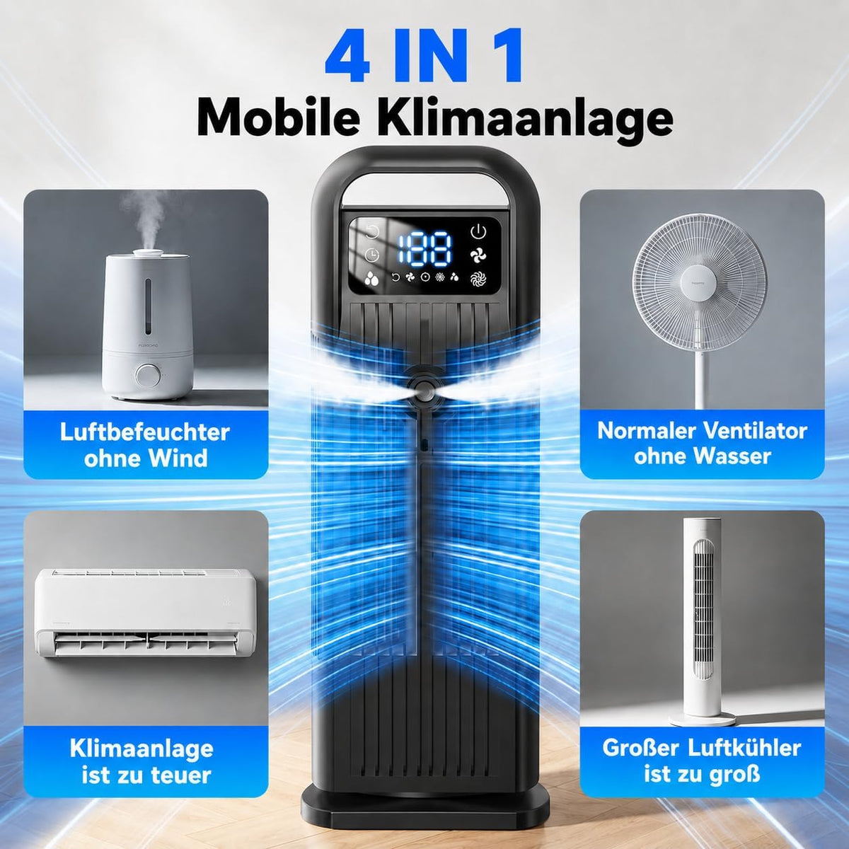 Mobile Klimaanlage ohne Abluftschlauch 6-in-1, Luftkühler mit Wasserkühlung, Mini Klimaanlage Mobil, Klimagerät, 120° Oszillation, 1200ML Tank, 1-12H Timer, Fernbedienung, Mitternachtsschwarz