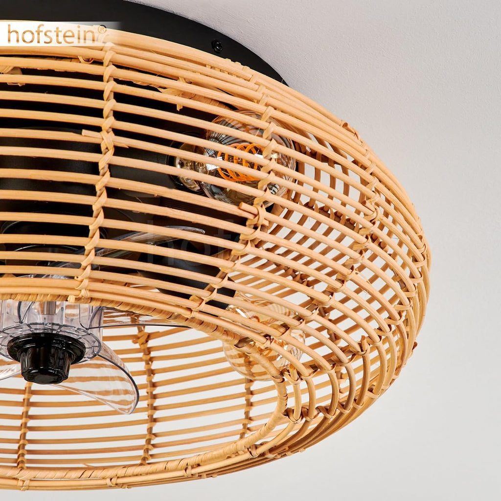 HOFSTEIN Deckenventilator Mulstrand, Ventilator aus Metall/Bambus in Schwarz/Natur mit Fernbedienung, Auf-/Abwind-Funktion u. Lichteffekt an der Decke, Deckenleuchte 4-flammig Ø 50cm, 4x E27, 3 Stufen
