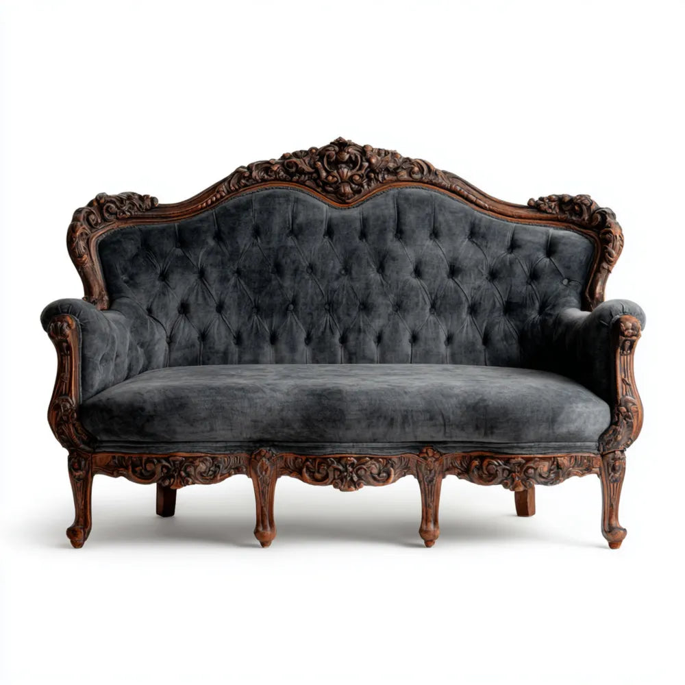 2-Sitzer-Sofa 150x85x105 cm Samtpolsterung Massivholz – Dunkelgrau – Barockstil