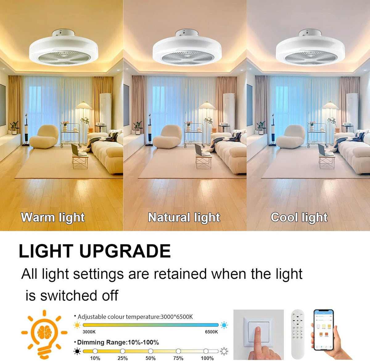 RGB Deckenlampe Mit Ventilator, Dimmbare LED Lichter, Leiser Moderner Fan Mit Beleuchtung, Fernbedienung und APP-Steuerung