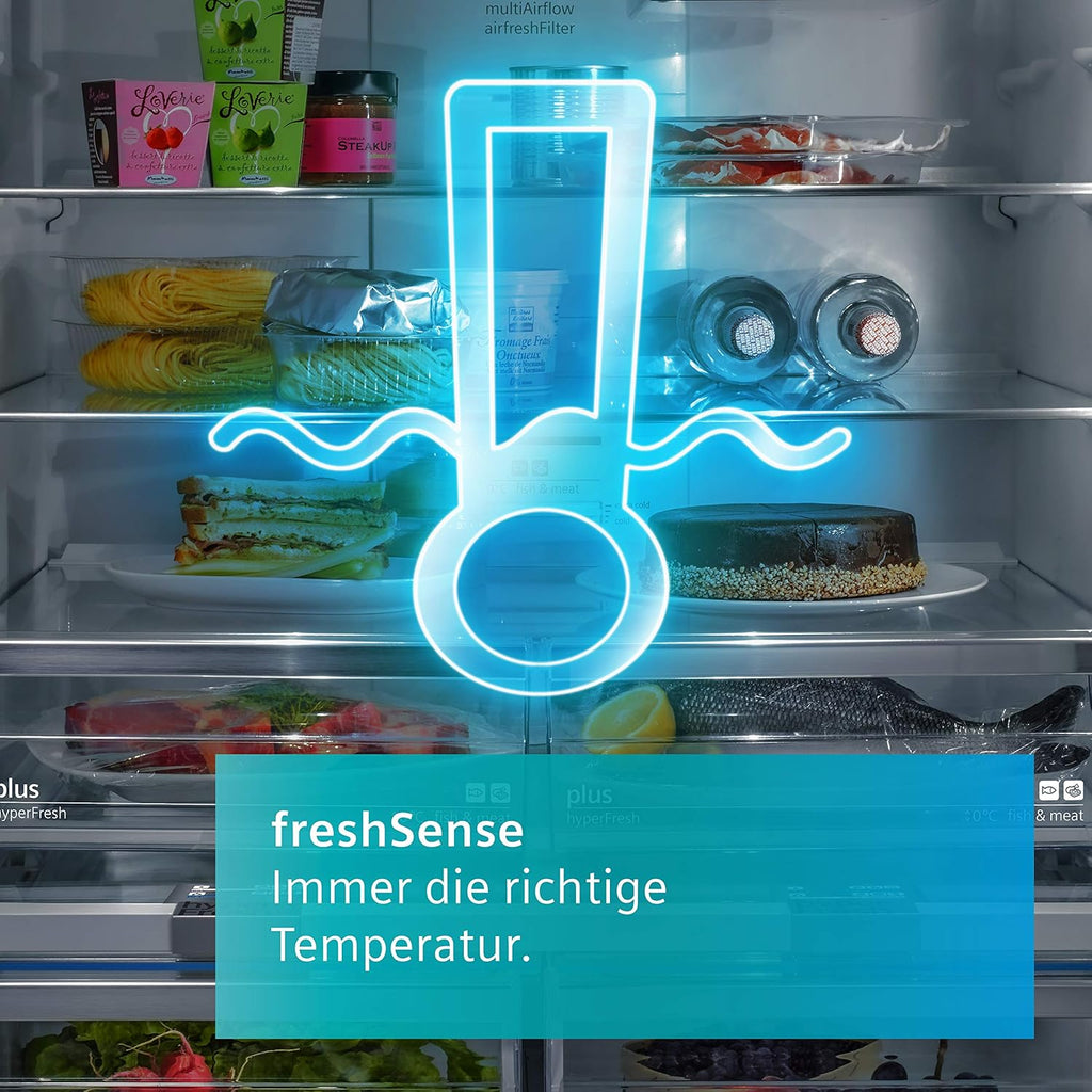 Siemens KF96NVPEA iQ300 Multi-Door-Kühlschrank, 183 x 91 cm, 405 L Kühlen & 200 L Gefrieren, hyperFresh längere Frische, noFrost nie wieder abtauen, superCooling schnellere Kühlung