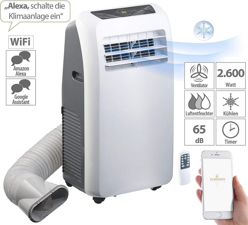 Sichler Haushaltsgeräte Klimaanlage Alexa: Mobile Klimaanlage, 9.000 BTU/h, 2.600 Watt, WLAN & App-Steuerung (Klimagerät Alexa, kompatibel, Raumentfeuchter)