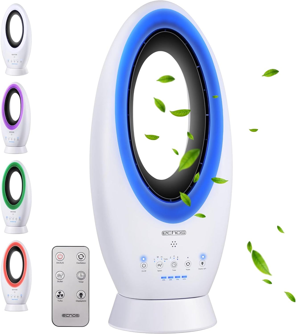 Echos®- 2-in-1 Design Akku Turmventilator Standventilator mit Fernbedienung kabellos - Akku- oder Strombetrieb - Leiser Ventilator Tischventilator oszillierend - Fernbedienung LED Beleuchtung