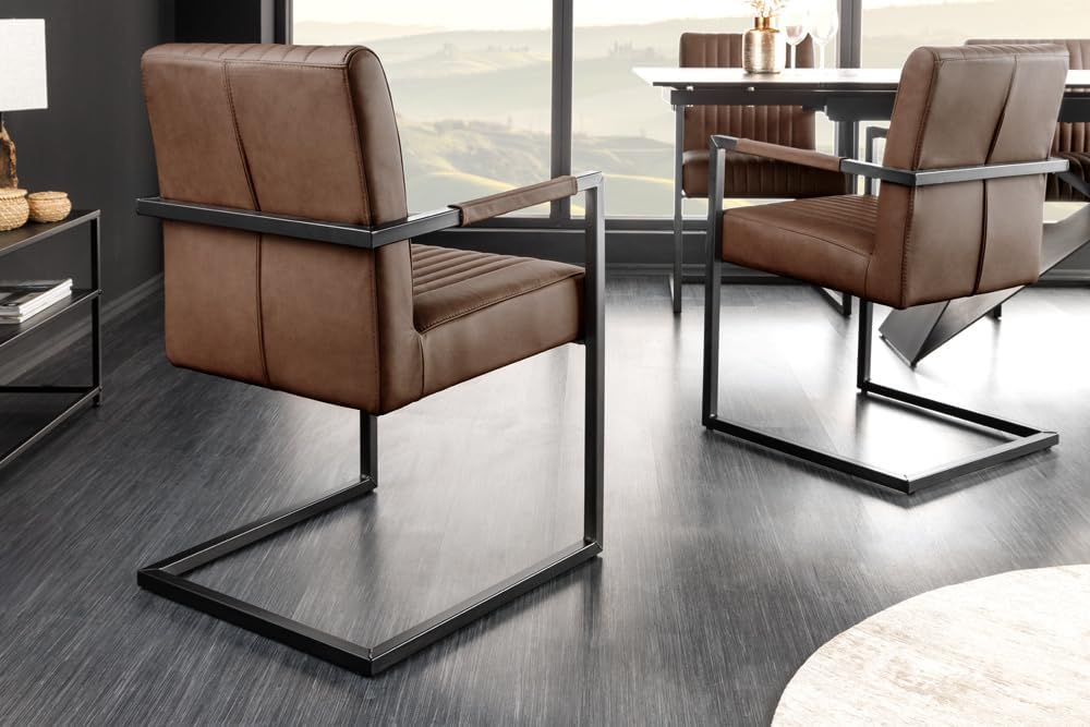 Riess Ambiente Moderner Freischwinger Stuhl Big Aston Echtleder - Vintage braun schwarz - Federkern Metall Esszimmerstuhl Ziersteppung