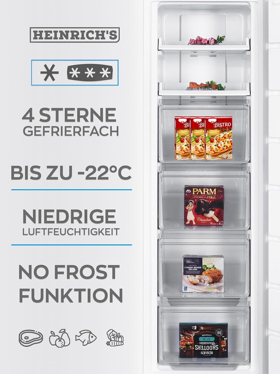 Heinrich´s Gefrierschrank 204L Temperatur: -14°C~-22°C, Volumen, Freezer, No-Frost Schutz, 4x Gefrierschubladen, 2x Schubfächer, LED-Display, wechselbarer Türanschlag, Alarmfunktion (weiß)
