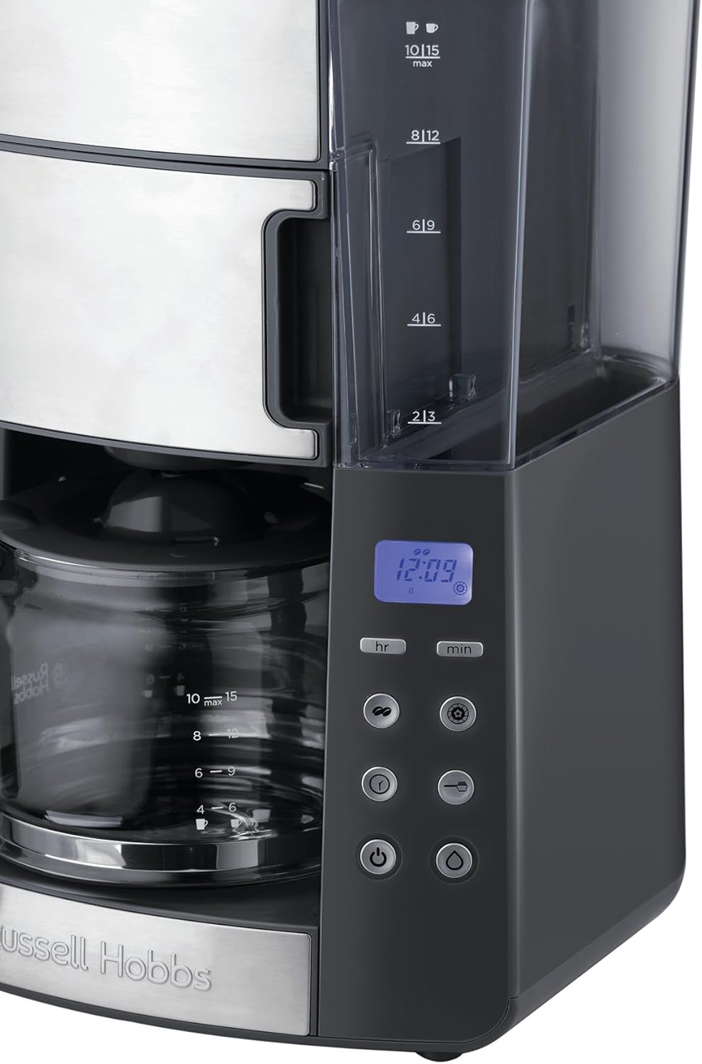 Russell Hobbs Kaffeemaschine mit Mahlwerk Glaskanne [Digitaler Timer, Brausekopf für opt. Extraktion & Aroma] Grind&Brew (1 bis 10 Tassen, 3-stufige Mahlgradeinstellung) Filterkaffeemaschine 25610-56