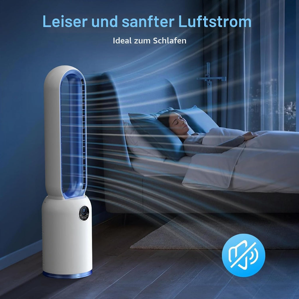 Turmventilator ohne Flügel 88cm – geräuschloser Standventilator mit 55W Motor, LED-Touchscreen & Fernbedienung, 12-Stunden-Timer, 90° oszillierend für Schlafzimmer & Büro (blau)