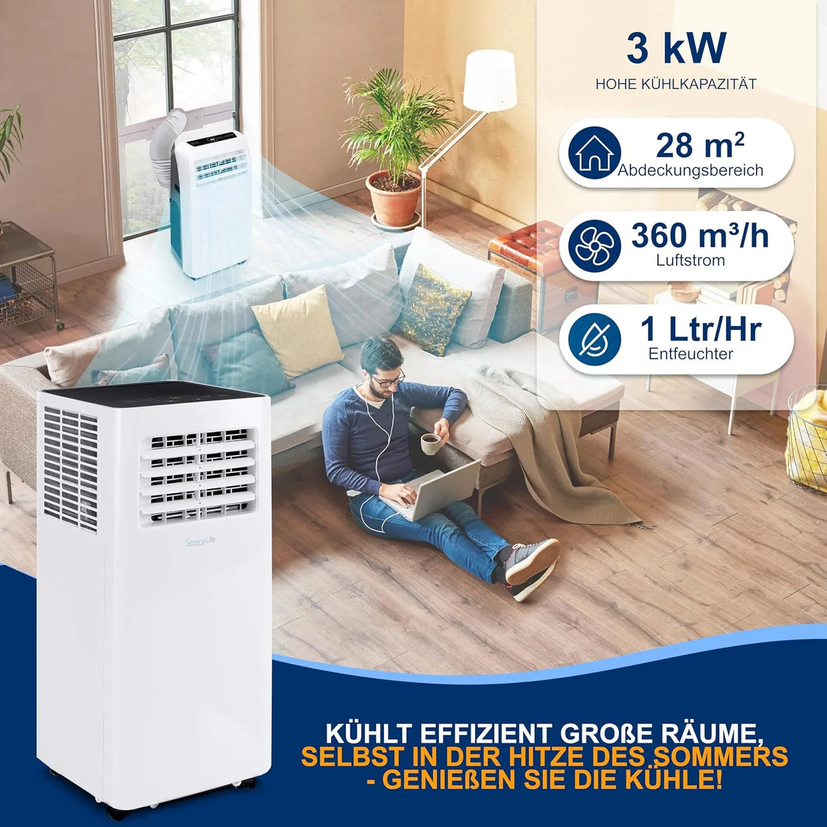 SereneLife 3-in-1 Mobile Klimaanlage mit Abluftschlauch – Klimagerät als Luftkühler, Ventilator & Luftentfeuchter– Mini Klimaanlage für Räume bis zu 28 m2 – Luftkühler für Zuhause & Büro 10,000 BTU