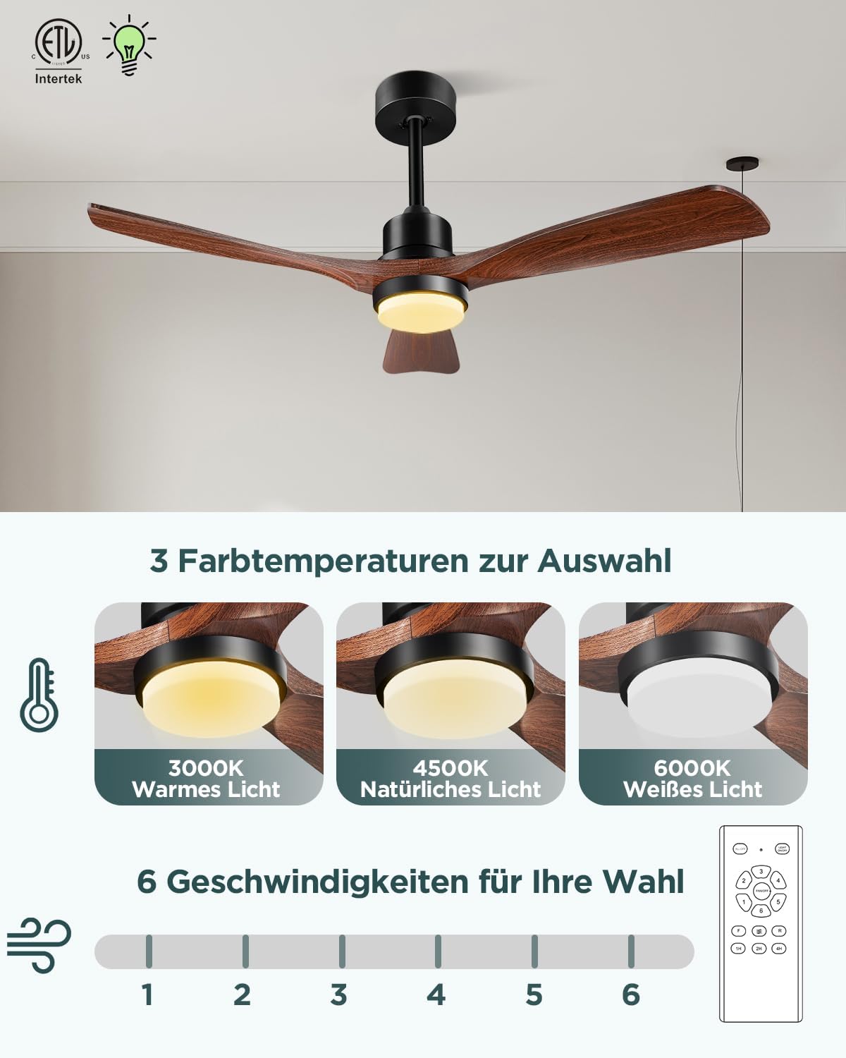 Deckenventilator mit Beleuchtung und Fernbedienung, Leise DC Motor, 132 cm/52 Zoll, 3 Holz Flügeln, Timer, 6 Geschwindigkeiten, ETL-gelistet, Sommer Winterbetrieb für Schlafzimmer