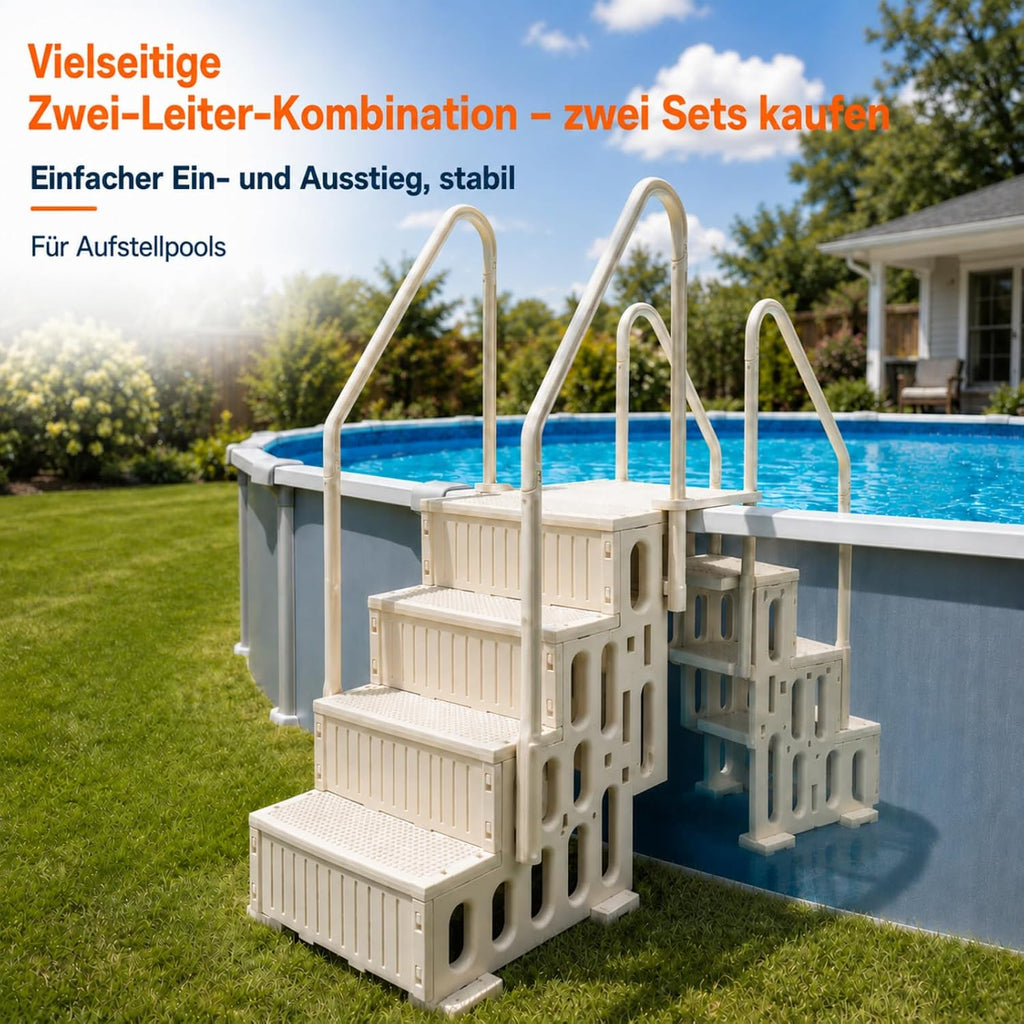Poolleiter 4-stufig, Weiße HDPE Pooltreppe mit Doppelhandlauf und rutschfest, Maximale 180 kg Tragkraft für Aufstellpool 122–137 cm, Gartenpool, Eingelassene Pools, Familien & Senioren