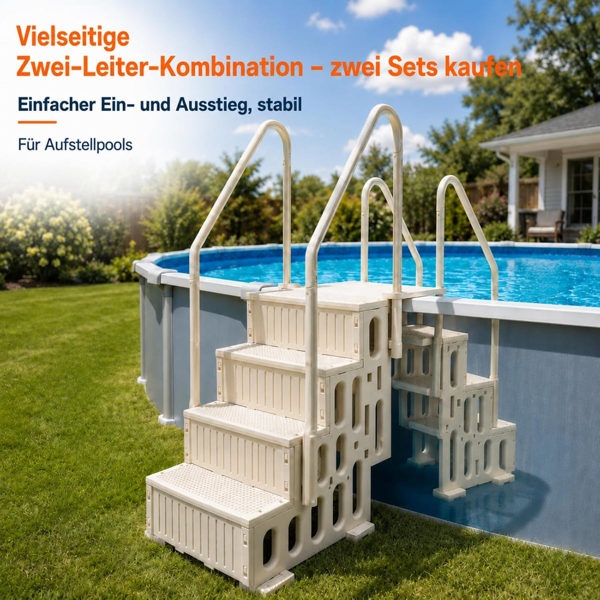 Poolleiter 4-stufig, Weiße HDPE Pooltreppe mit Doppelhandlauf und rutschfest, Maximale 180 kg Tragkraft für Aufstellpool 122–137 cm, Gartenpool, Eingelassene Pools, Familien & Senioren