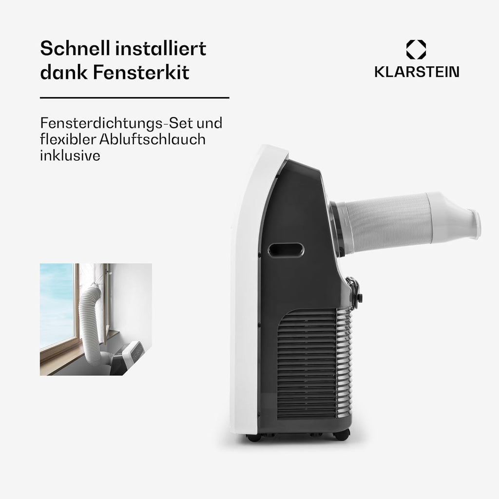 Klarstein Mobile Klimaanlage mit Abluftschlauch, 4-in-1 Klimagerät mit Ventilator, Luftentfeuchter & Nachtmodus, Kleine & Portable Klimaanlage für Wohnung & Büro, Niedriger Verbrauch, 9000 BTU