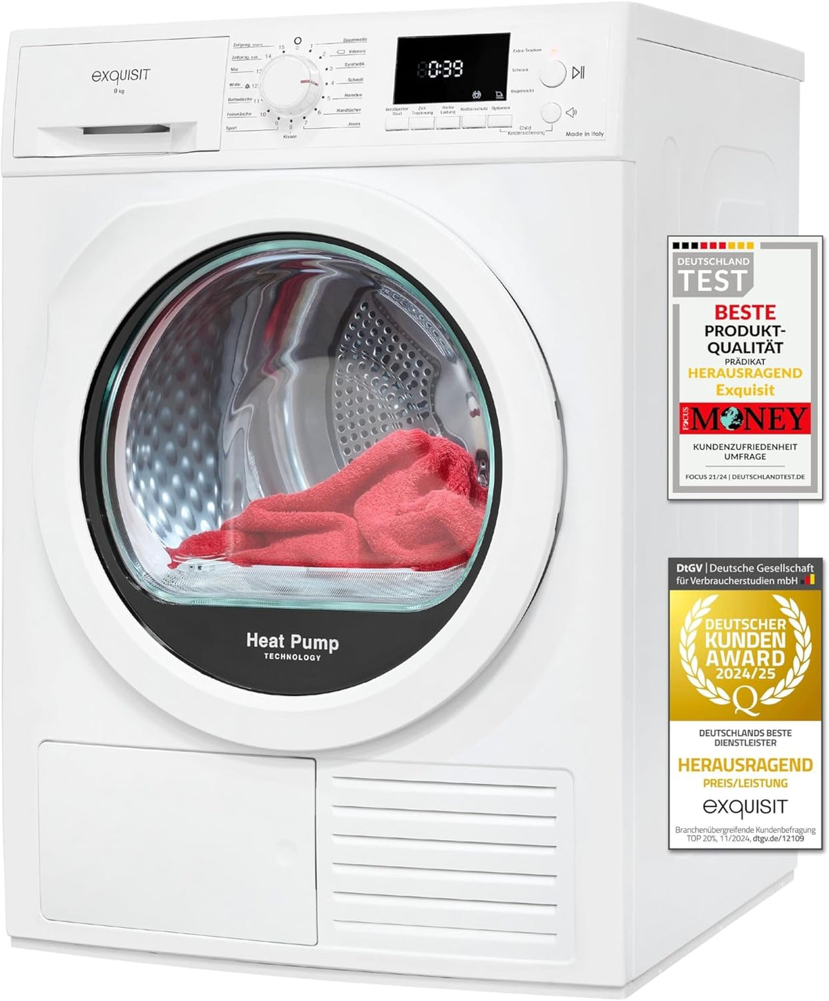 Exquisit Wärmepumpentrockner 9kg - leise Trocknung mit Knitterschutz, digitaler Anzeige & Schuhtray - TWP903-410 weiss
