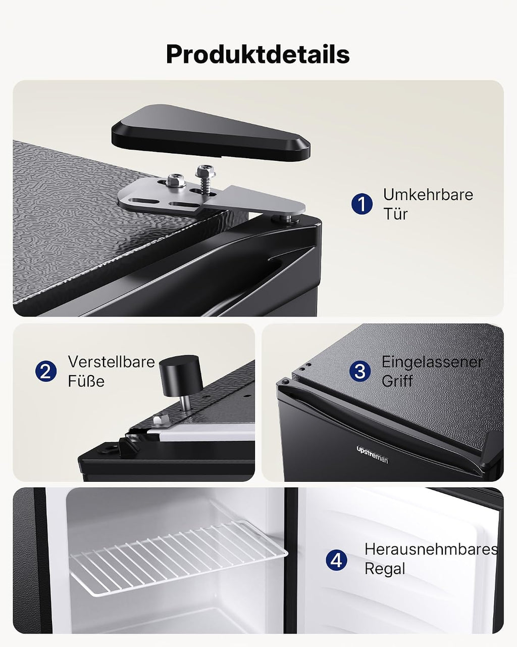 Upstreman 35L Gefrierschrank Klein, -21℃ 4 Sterne Mini Gefrierschrank,Umkehrbare Türen,Leise, Energiesparend,Reversibles Türscharnier,Tiefkühlschrank Klein,Büro, Hotel, Schwarz, UF35