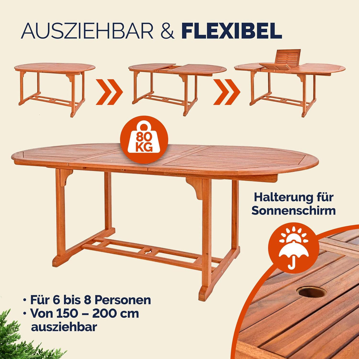 Casaria® Gartentisch Wetterfest FSC®-Zertifiziert Holz 200x100cm 160kg Belastbarkeit Schirmständer Balkon Garten Terrasse Tisch Klapptisch Balkontisch Eukalyptus