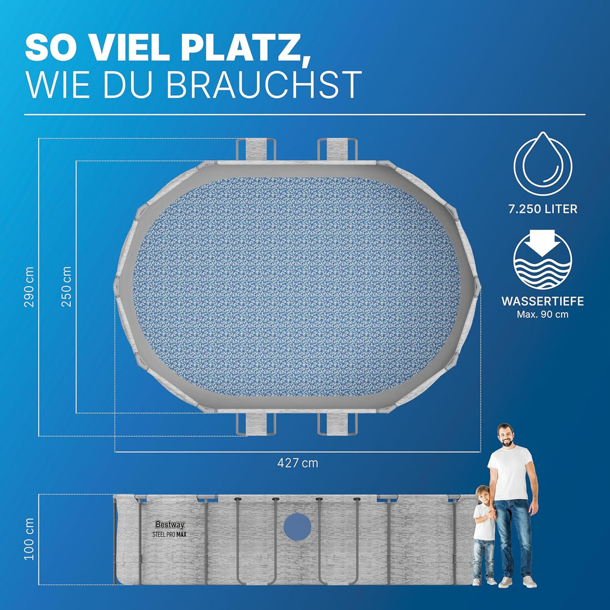 Bestway Power Steel Swim Vista Series Frame Pool Komplett-Set mit Filterpumpe 427 x 250 x 100 cm, Steinwand-Optik (Cremegrau), oval