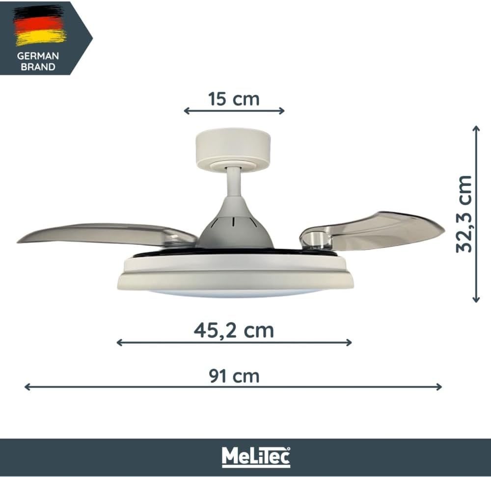 MeLiTec Deckenleuchte mit Ventilator, Deckenventilator mit Beleuchtung LED, leise, mit RGB-Licht, verschiedene Farbmodi, Timer- und Nachtlichtfunktion, dimmbar, DV07, weiß, Steuerung per Fernbedienung