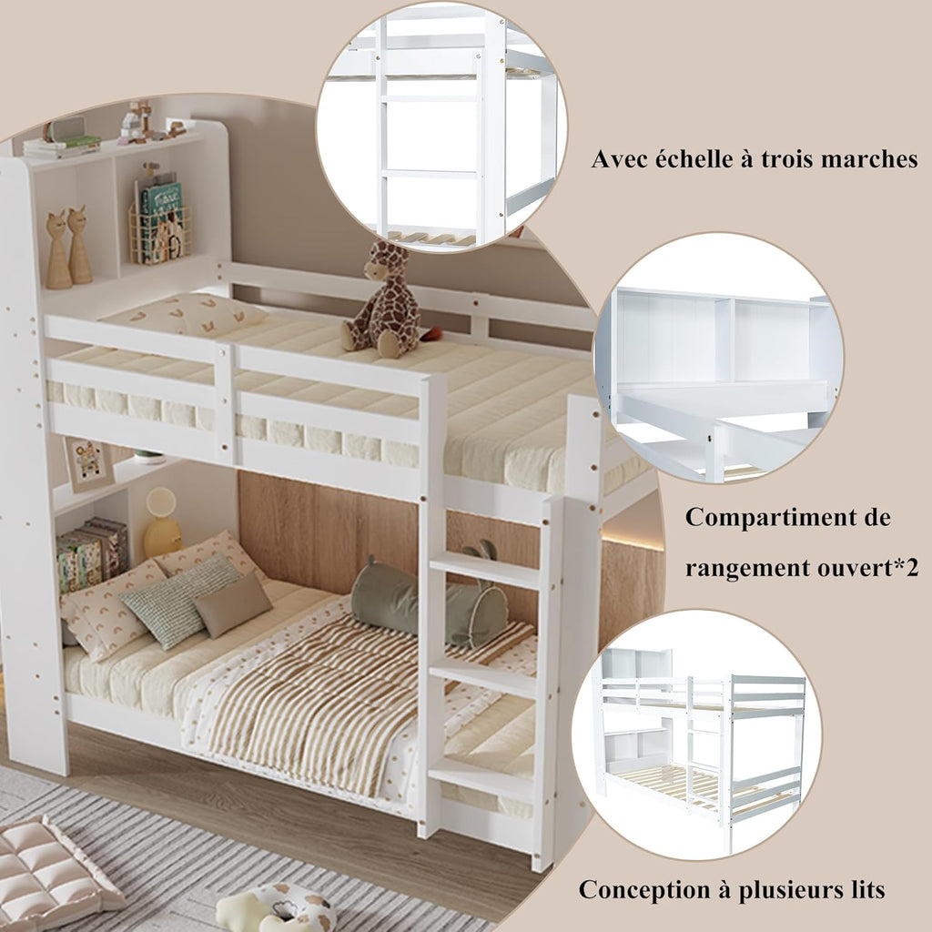 Kinderbett 90x200 mit Regalen und Leiter, Funktionsbett Etagenbett für 2 Kinder, Stockbett Hochbett Jugendhochbett mit Stauraum und Lattenrost,Jugendbett Bettrahmen aus Massivholz,ohne matratze,Weiß
