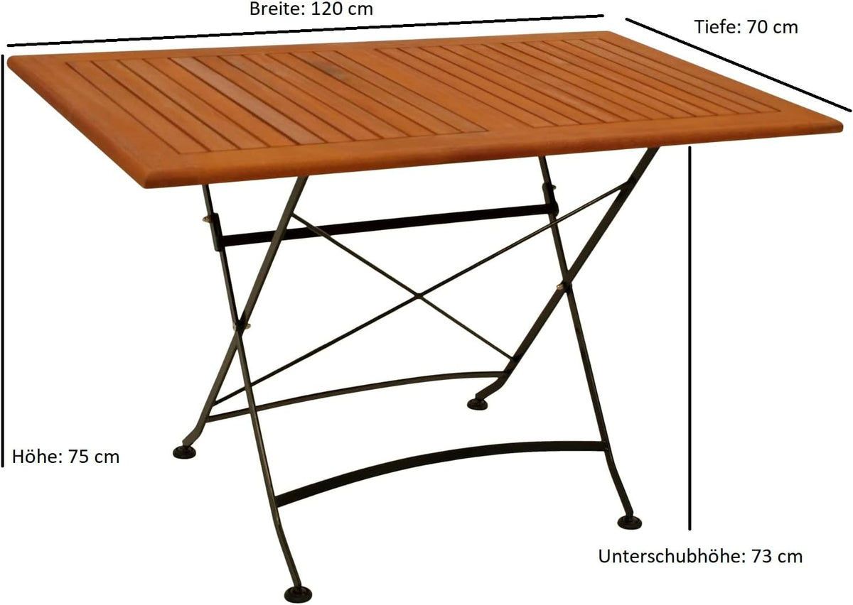 DEGAMO Garten Sitzgruppe Klappgarnitur HOFGARTEN 5-teilig (4X Armlehnensessel, 1x Tisch 70x120cm), Stahl schwarz pulverbeschichtet, Eukalyptus Holz braun geölt, FSC®-Zertifiziert, Outdoor