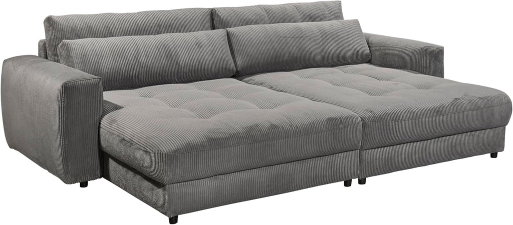 Big Sofa BARURA Cord dunkelgrau – XXL Couch mit großer Liegefläche, modernes Sofa 292x194 cm inklusive Nierenkissen