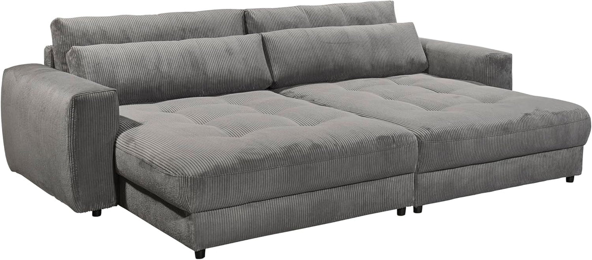 Big Sofa BARURA Cord dunkelgrau – XXL Couch mit großer Liegefläche, modernes Sofa 292x194 cm inklusive Nierenkissen