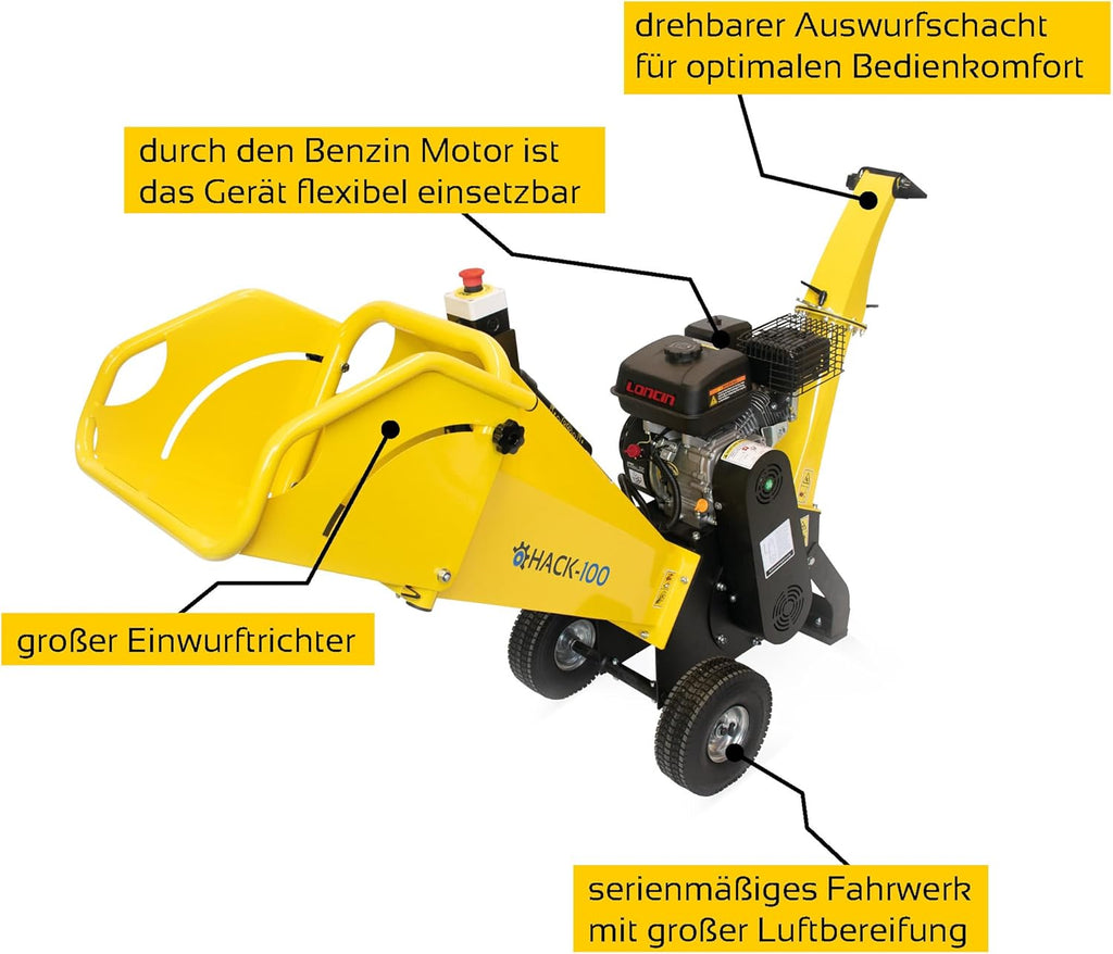 BAMATO Holzhäcksler HACK-100 | inklusive Schutzbrille und Gehörschutz | max. 100 mm Aststärke | 2400 min-1 Messerdrehzahl | 4,1 kW Motorleistung | Holzhäcksler Gartenhäcksler