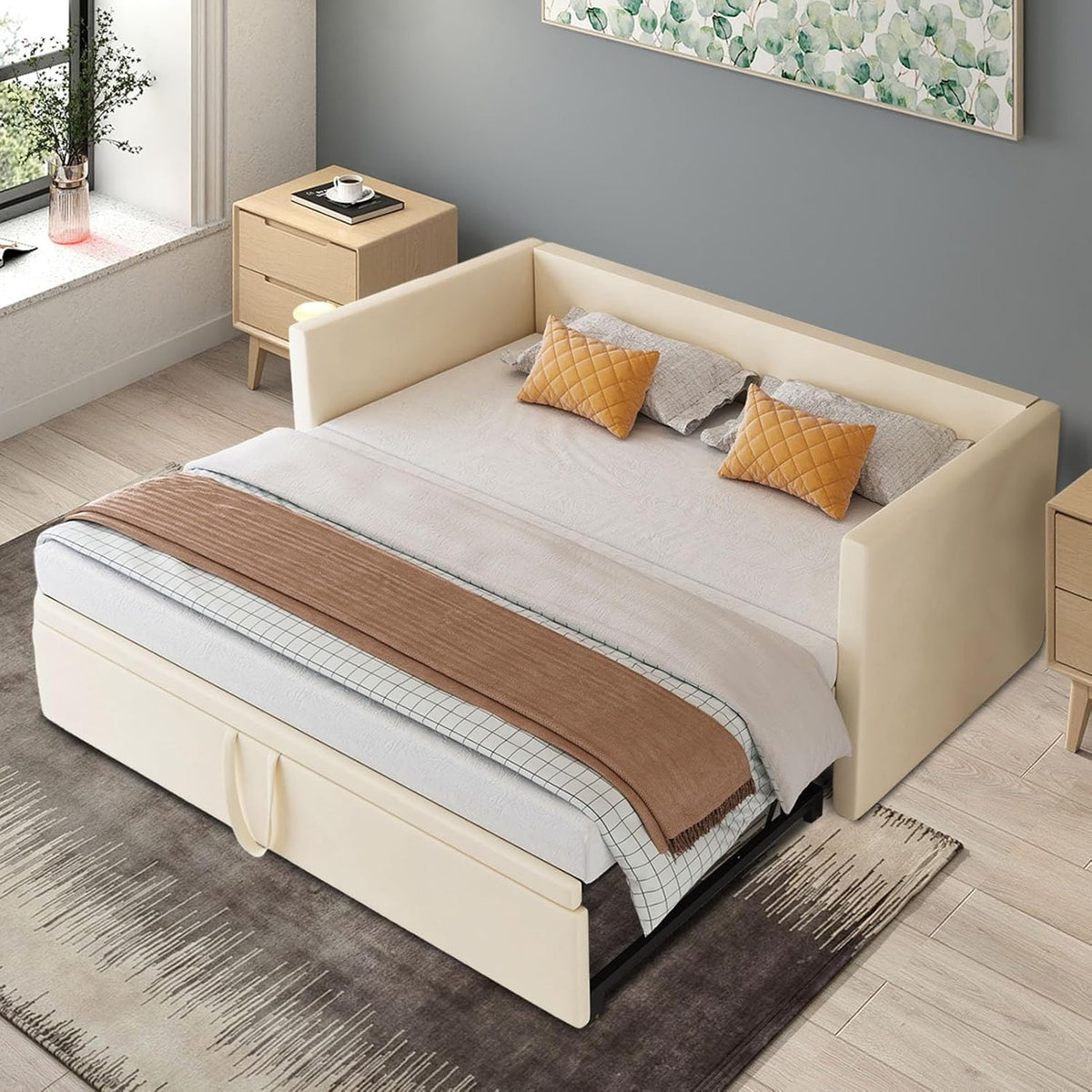 Schlafsofa 200cm Breit, Schlafcouch Ausziehbar, Schrankbett mit Sofa, Murphy Bed 90/180 x 200 cm, Polsterbett Tagesbett Ausziehbar mit Lattenrost, Doppelbett, Samtstoff, ohne Matratze (Beige)