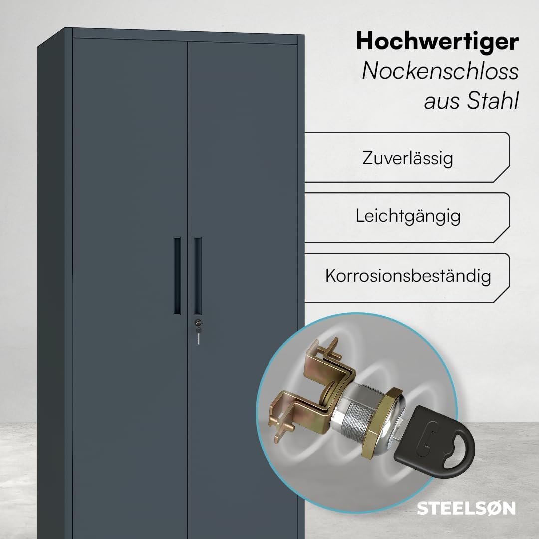 STEELSØN Regulus Metallschrank abschließbar – Garderobenschrank mit 6 Fächern und 1 Kleiderstange – Spind Schrank mit Doppeltüren – Mehrzweckschrank Anthrazit – Kleiderschrank Metall 175x40x80 cm