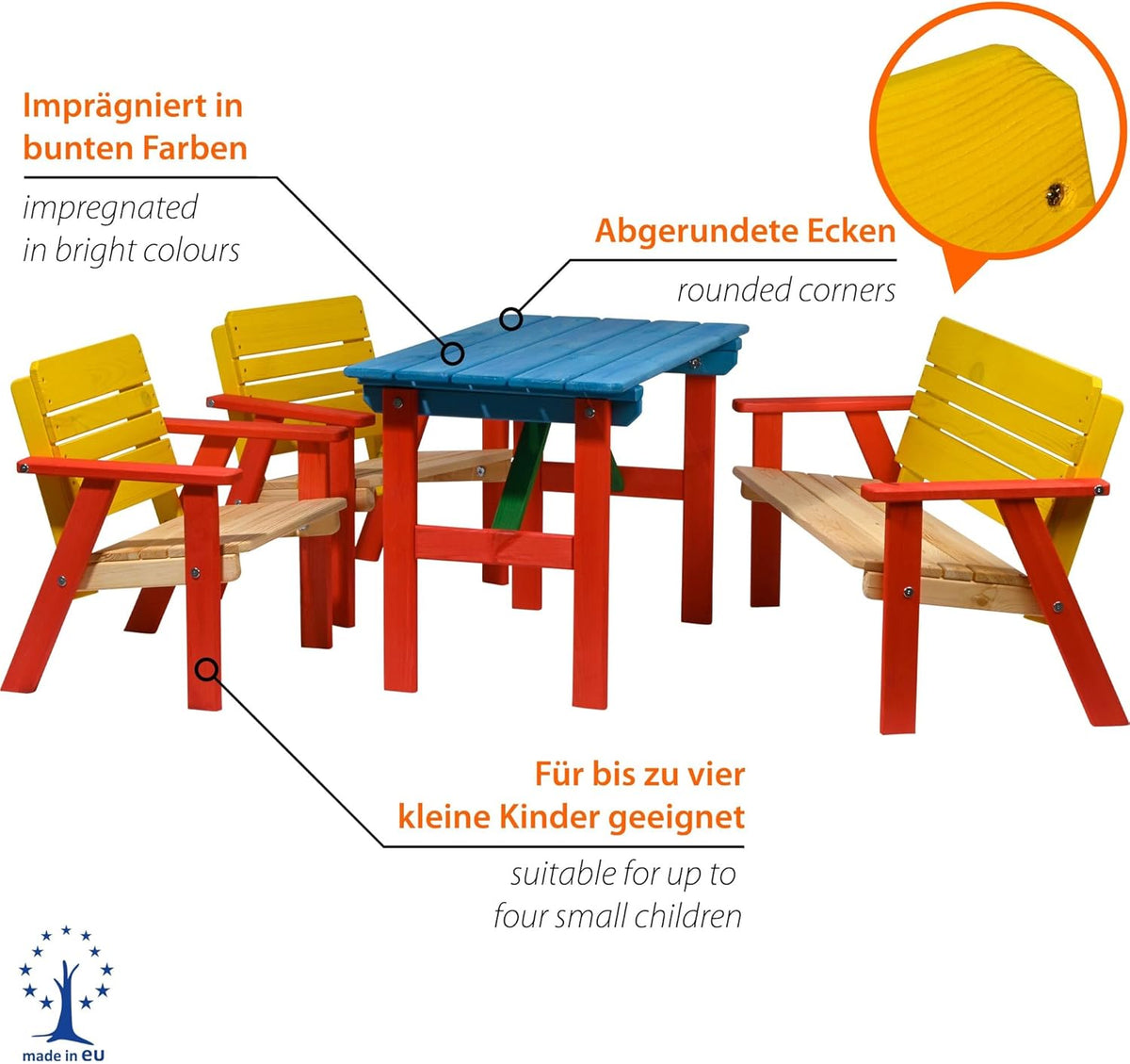 dobar® 94370FSC Kinder Outdoor Sitzgruppe 4 Plätze | 1 Bank, 2 Stühle, 1 Tisch | Picknickgarnitur für Kinder | Kindersitzgruppe Massivholz für Garten/Terrasse | Wetterfest Kindersitzgarnitur | Bunt, Mittel