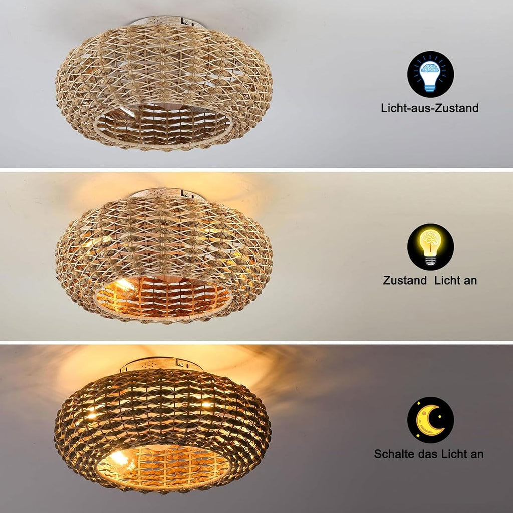 Deckenventilator Mit Beleuchtung Rattan E27 Lampe Mit Ventilator Mit Fernbedienung Und APP Leise 6 Wind Speeds Umkehrbaren Timer Deckenlampe Mit Ventilator Für Wohnzimmer Schlafzimmer Esszimmer ,50cm