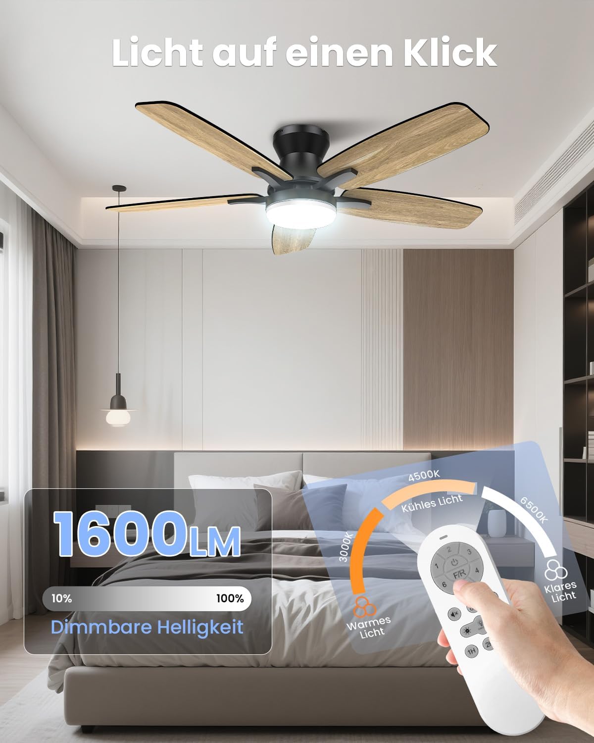 Airwit 106 cm Deckenventilator mit Beleuchtung und Fernbedienung, Deckenventilator mit Licht, leiser 20 dB DC-Motor, dimmbare 18W LED, Timer, doppelseitige Flügel, für Schlafzimmer Wohnzimmer