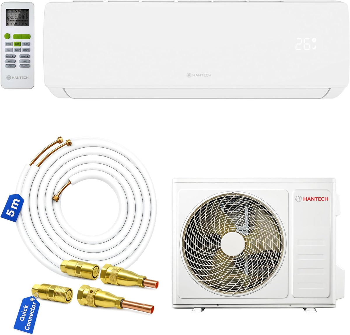 Hantech Split Klimaanlage 9000 BTU 2,6 kW mit Quick Connect Set – WLAN, Wandhalterung & 5 m Leitung – Klimagerät für Wohnung & Schlafzimmer, WIFI, App und Fernbedienung