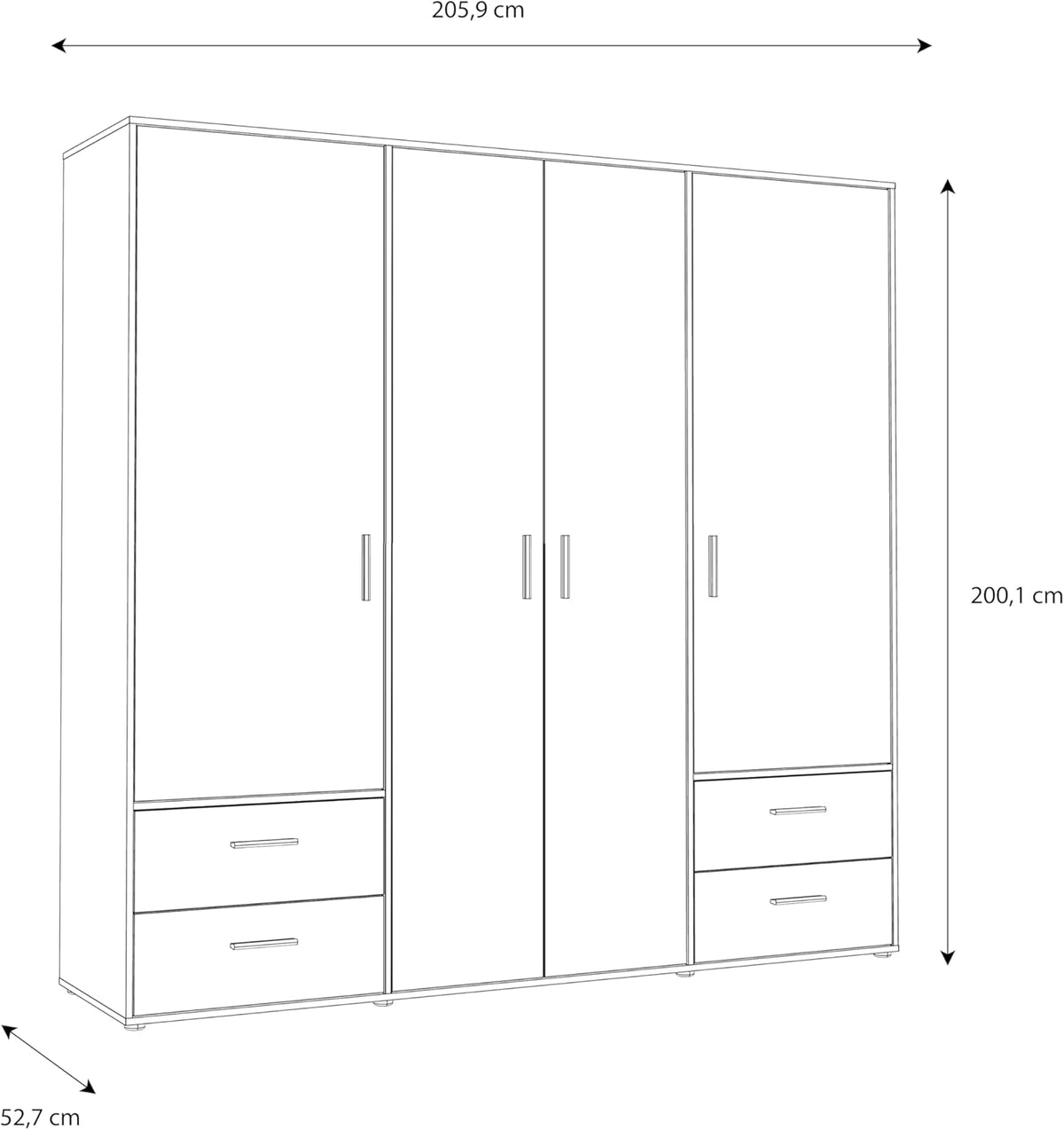 FORTE Jupiter Schrank 200 210, Kleiderschrank, Drehtürenschrank, 4-türig, mit 4 Schubladen und Einlegeböden, Schwarz mit Holz Dekor: Catania Eiche, 206 cm breit x 53 cm tief x 200 cm hoch