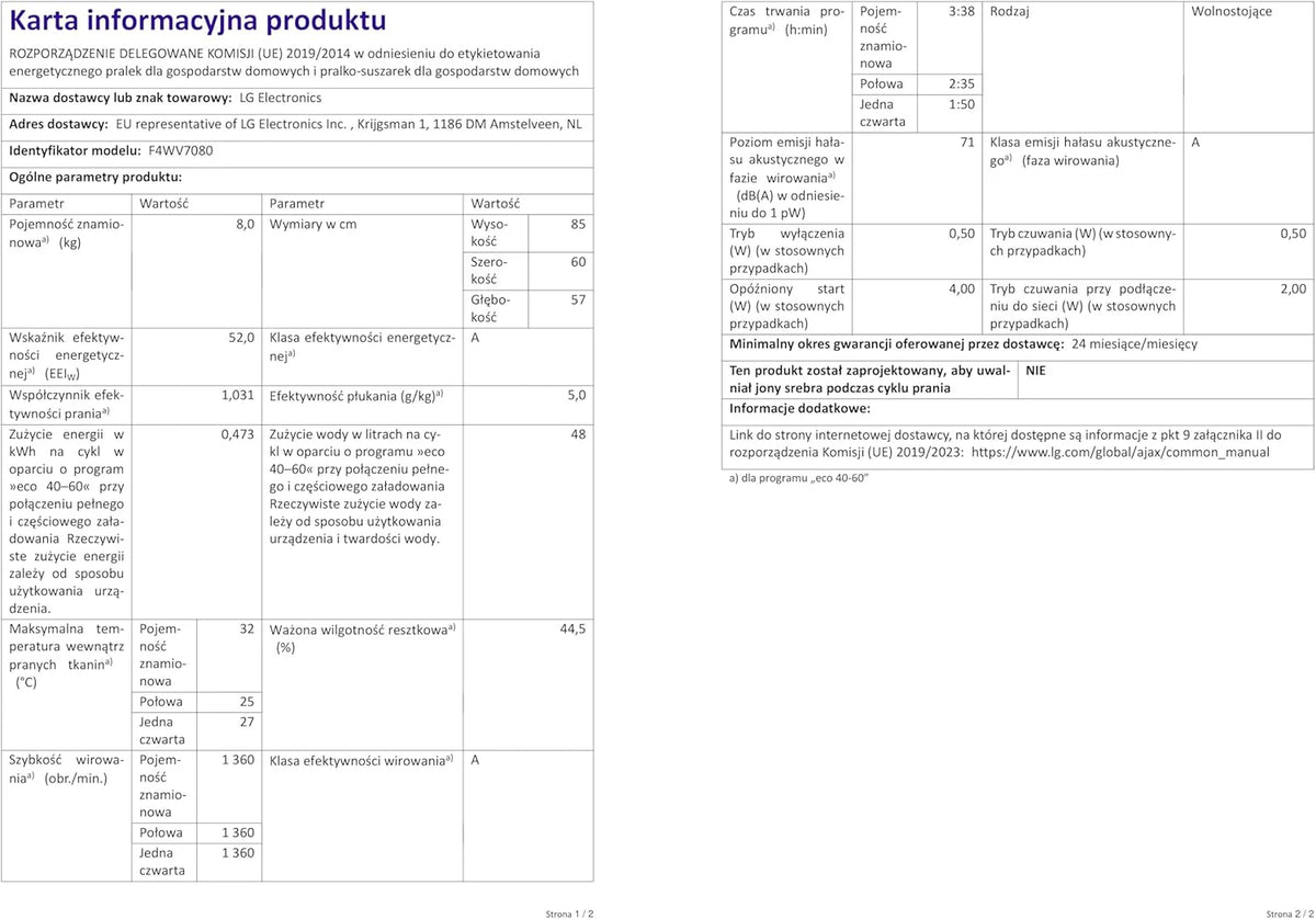 LG F4WV7080, Klasse A, Frontlader-Waschmaschine 8 kg, 1400 U/Min, AI Direct Drive, Wi-Fi, Tiefenreinigung mit Dampf, Groe Kapazitt, TRIPLE A, Auentür aus Sicherheitsglas, 62 x 60 x 85 cm  Wei