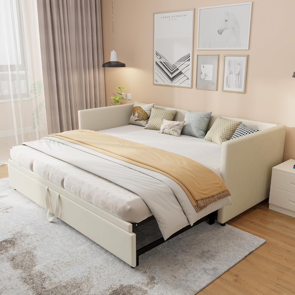 Schlafsofa 200cm Breit, Schlafcouch Ausziehbar, Schrankbett mit Sofa, Murphy Bed 90/180 x 200 cm, Polsterbett Tagesbett Ausziehbar mit Lattenrost, Doppelbett, Samtstoff, ohne Matratze (Beige)
