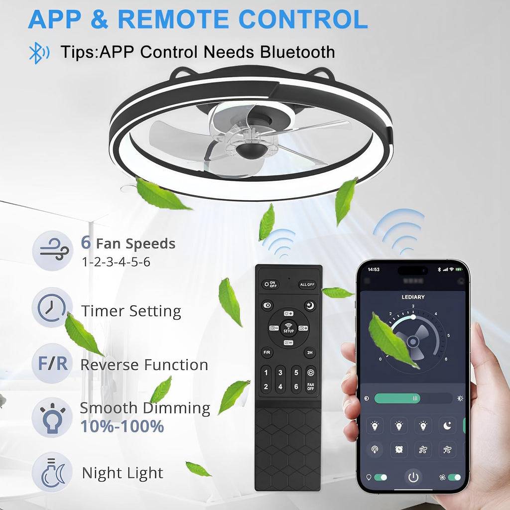 LED Deckenventilator mit Beleuchtung und Fernbedienung, Leise, 64W APP Dimmbare Deckenleuchte mit Ventilator, Umkehrbare 6-Speed Lampe mit Ventilator, 5 Lüfterflügel, Timer, (Schwarz)