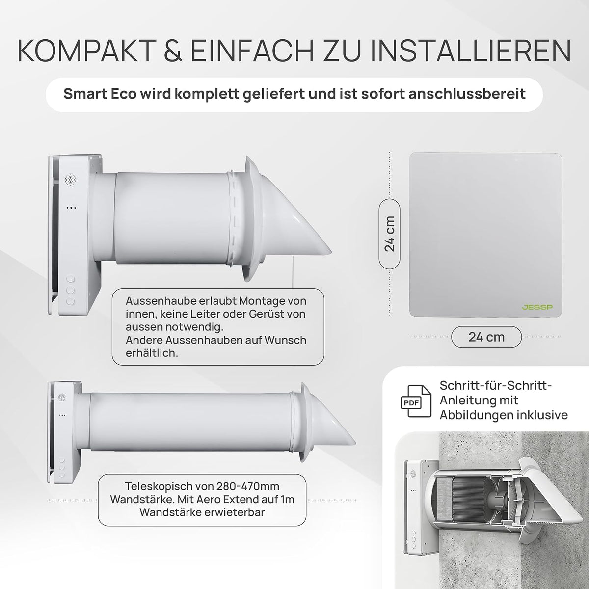 Eco Smart DZWR – Lüfter mit CO₂-Steuerung - Dezentrale Wohnraumlüftung mit Wärmerückgewinnung – F7 Filter & 97% Wärmerückgewinnung – Lüftungssystem 160 mm – 60 m³/h – WLAN & App