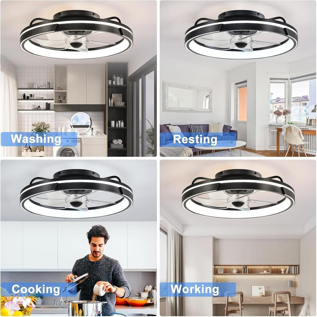 Leise Deckenventilator mit Beleuchtung, Dimmbar 64W LED Deckenleuchte mit Ventilator, Fernbedienung und APP, Timer, 6-Gang, 50cm Moderne Lampe mit Ventilator für Wohnzimmer Schlafzimmer Schwarz