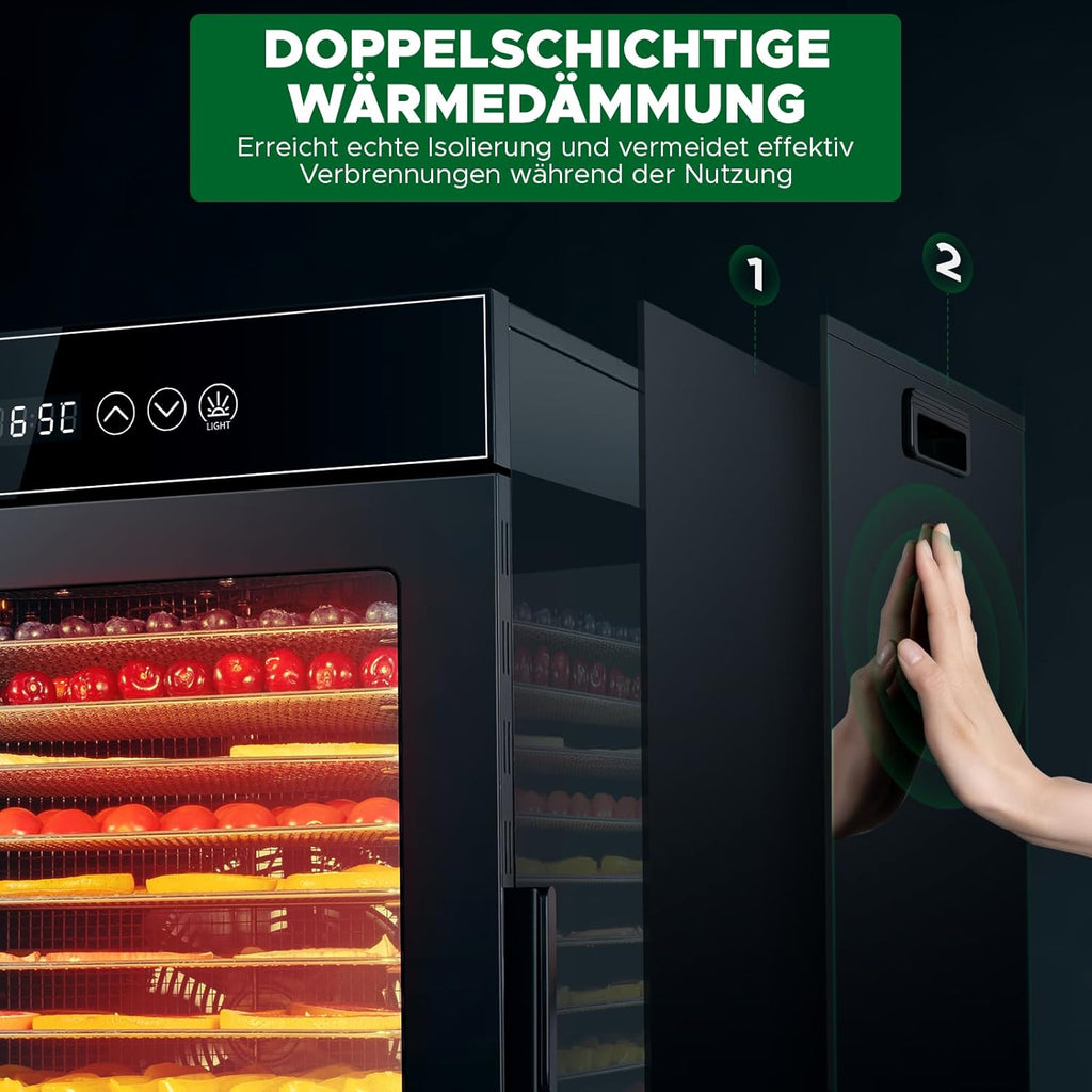 Kwasyo Dörrautomat Edelstahl, Dörrgerät 12 Etagen Ganz in Schwarz, 30-90℃ Temperaturregelung, 24 Stunden Timer, Rezeptheft für Fleisch Obst Gemüse Kräuter, 900W, LT-09