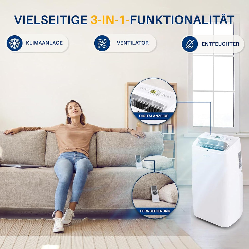 SereneLife Mini Klimaanlage mobil, 3-in-1 mobiles Klimagerät mit Abluftschlauch – Luftkühler, Luftentfeuchter & Ventilator, Air conditioner – 9.000 BTU, 1,5L Feuchtigkeit/Stunde, kühlt Räume bis 42 m2