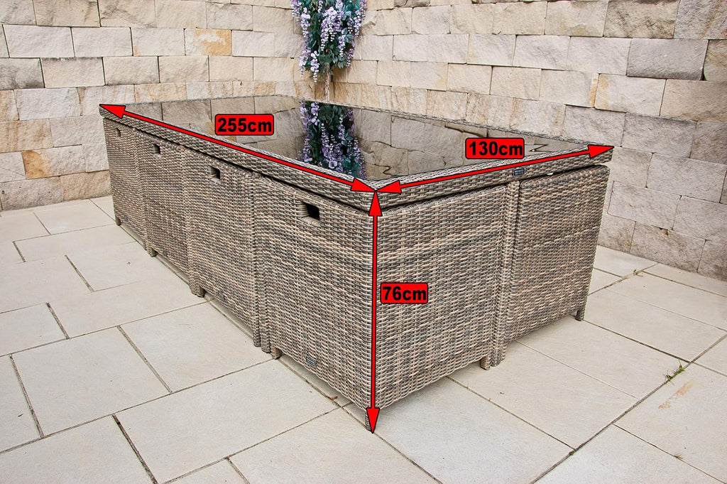 PolyRattan - Deutscher Hersteller - 10 Jahre GARANTIE auf UV-Beständigkeit - Gartenmöbel Essgruppe Tisch 8 Stuhl Hocker Polster Rostfrei Aluminium Dining Lounge Naturfarben Grau Schwarz