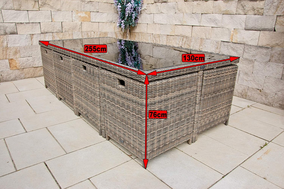 PolyRattan - Deutscher Hersteller - 10 Jahre GARANTIE auf UV-Beständigkeit - Gartenmöbel Essgruppe Tisch 8 Stuhl Hocker Polster Rostfrei Aluminium Dining Lounge Naturfarben Grau Schwarz