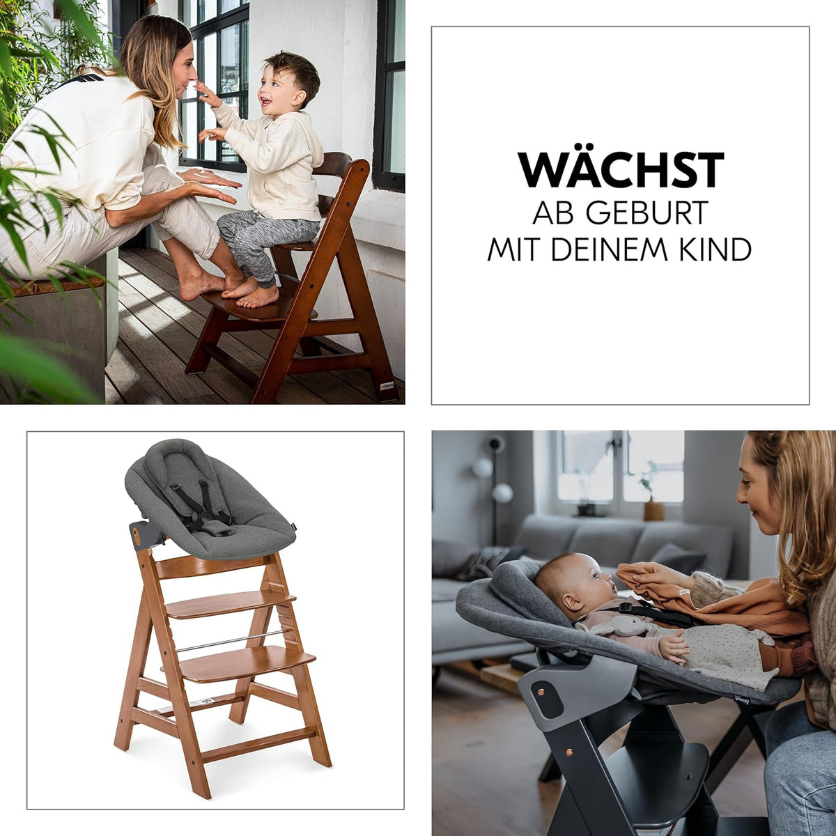 hauck Alpha+ Newborn Set mit Premium Bouncer Dark Grey - Baby Holz Hochstuhl ab Geburt mit Liegefunktion - extra flacher Aufsatz für Neugeborene & Sitzpolster - Walnuss