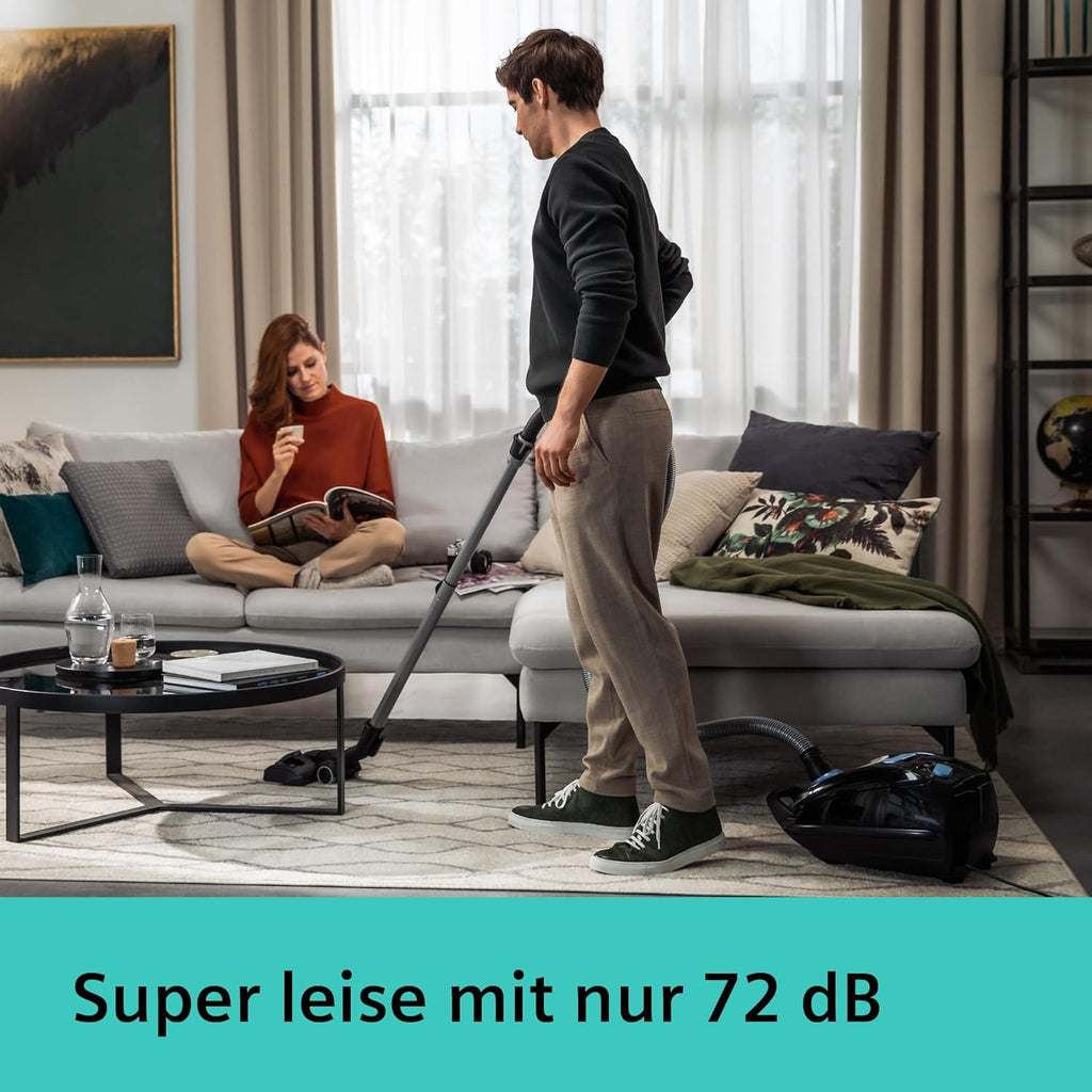 Siemens Staubsauger mit Beutel Q5.0 Extreme silencePower VSQ5X1232, für Allergiker, Hygiene-Filter, Starke Saugleistung auf Parkett, Teppich und Fliesen, langes Kabel, Made in Germany, 850 W, schwarz