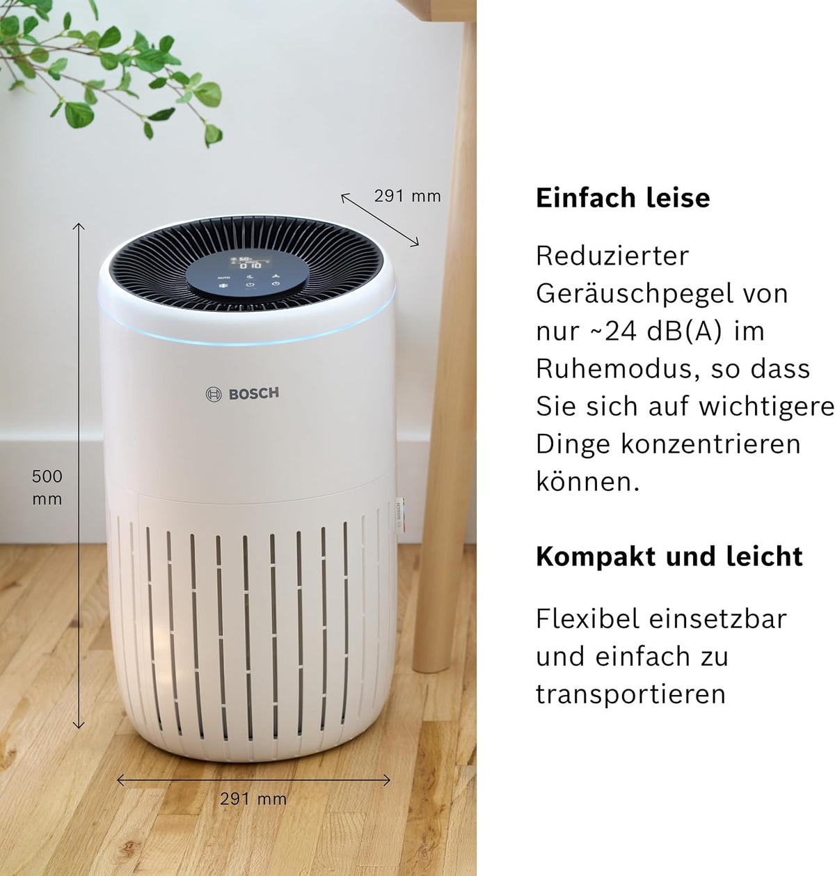 Bosch Air 4000i App-gesteuerter Luftreiniger - Für Räume bis zu 62,5 m² - Entfernt Schadstoffe - Mit 3-in-1 Luftfilter, Smart Sensor, Automatikmodus, Ruhemodus (< 25 dB(A)) - CADR: 300 m³/h