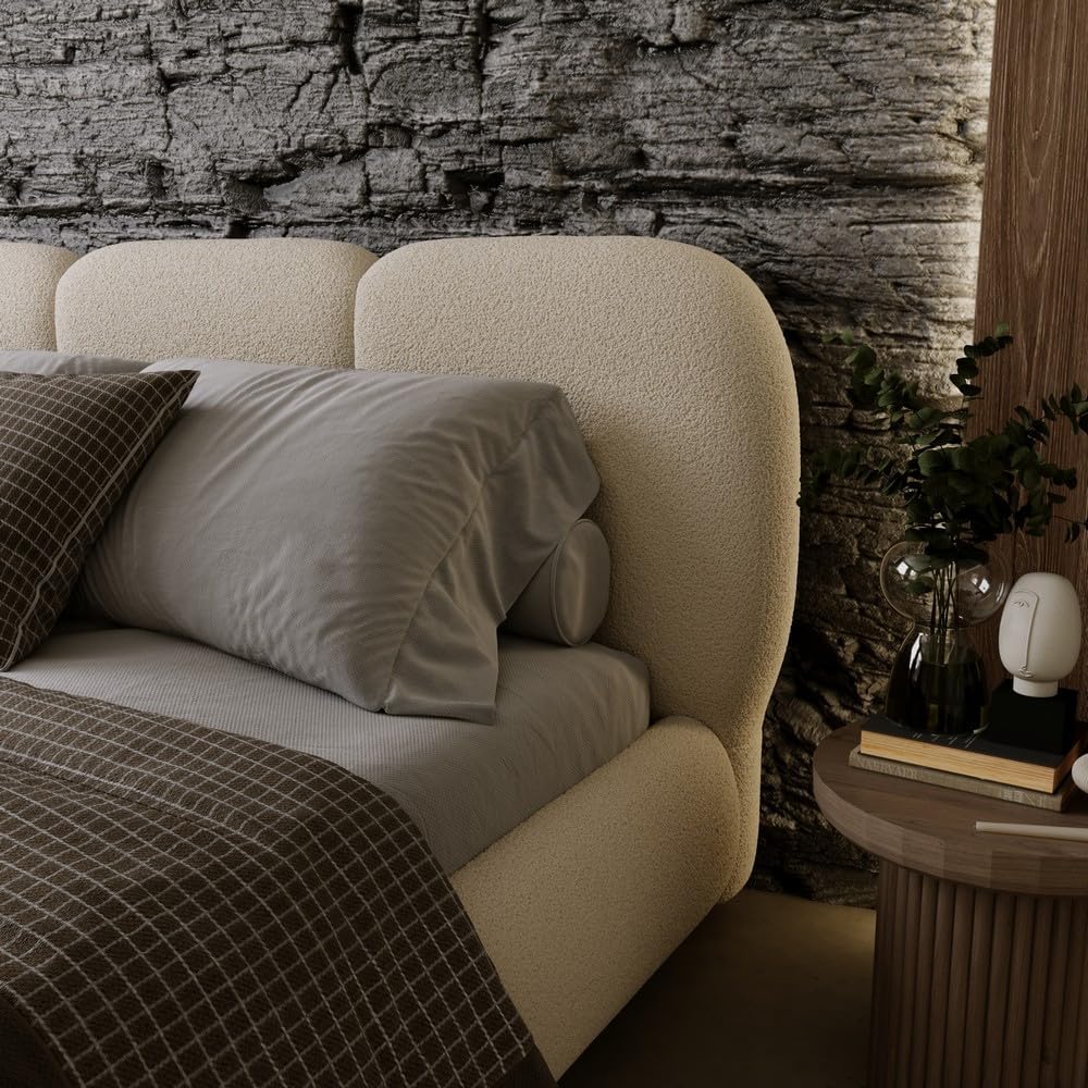 Chilly. Bett Savona - Polsterbett 140x200 mit Bettkasten, Lattenrost und Kopfteil – Eleganter Bouclé-Stoffbezug Olivgrün