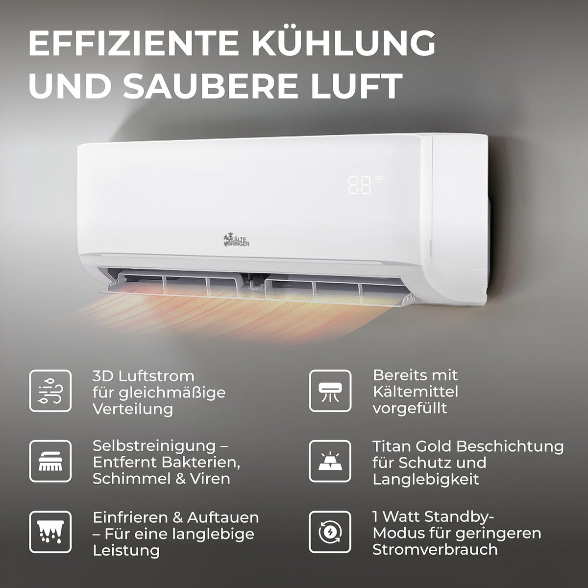 Kältebringer Split Klimaanlage - 9000 BTU (2,6 kW) - Klimagerät mit Heizfunktion, WiFi & App, bis 45qm, sehr leise - Set mit 5m Kupferleitung, Kältemittel R32, Montagematerial
